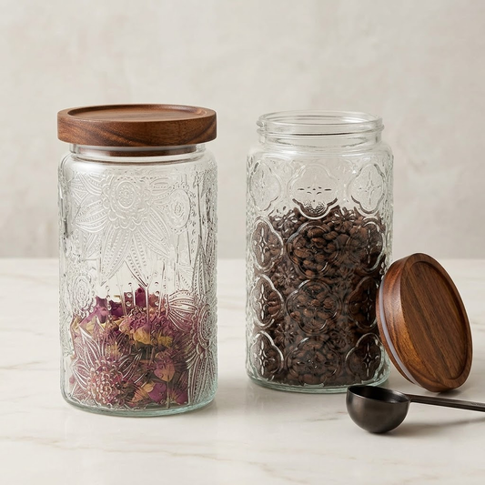 Bufryna 34oz Glass Food Storage Jars with Airtight Bamboo Lids (Set of 2) - Vintage Glass Canister Set for Kitchen Counter, Pantry Organizer for Flour, Sugar, Coffee & Beans