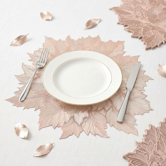 Bufryna Rose Gold Pressed Floral Leaf Placemats Set of 6, 15 Inch Vinyl Table Mats, Waterproof & Oil-Proof Metallic Kitchen Dining Decor