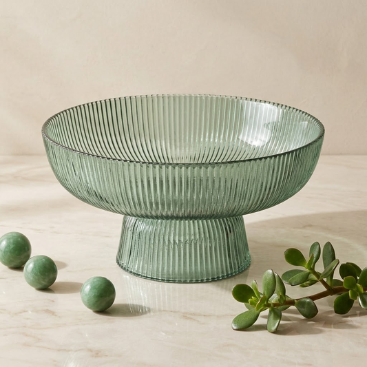 Bufryna Decorative Glass Fruit Bowl - 10.5 Inch Fluted Clear Glass Serving Bowl with Ribbed Base for Snacks, Candy & Salad - Modern Pedestal Centerpiece for Dining Table Decor