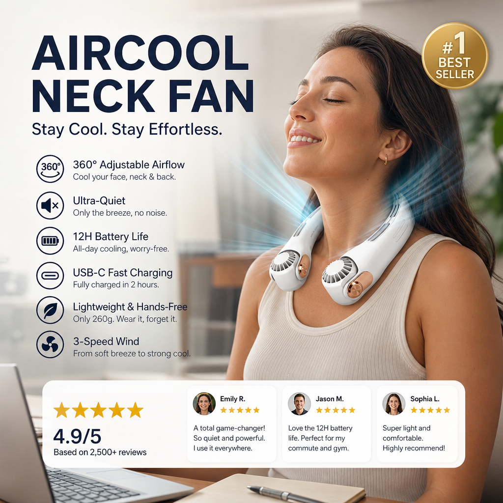 💨 50% OFF!🍃 Neck Air Conditioner Fan – Ultra‑quiet, 360° rotating, 3 speeds. Hands‑free cooling, long battery. Summer essential! 😎🌬️