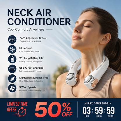 💨 50% OFF!🍃 Neck Air Conditioner Fan – Ultra‑quiet, 360° rotating, 3 speeds. Hands‑free cooling, long battery. Summer essential! 😎🌬️